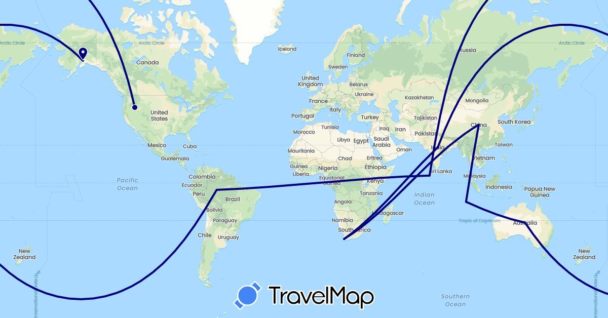 TravelMap itinerary: driving in Australia, Brazil, China, India, Maldives, United States, South Africa (Africa, Asia, North America, Oceania, South America)